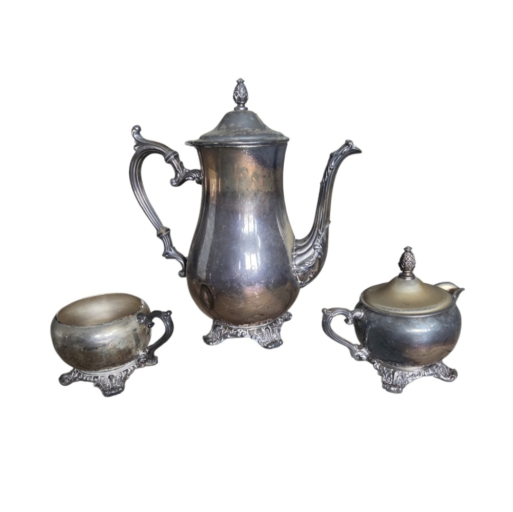 Vintage Wm Rogers Silverplate Coffee Tea Set Pot Creamer‎ Sugar 3pc Ornate